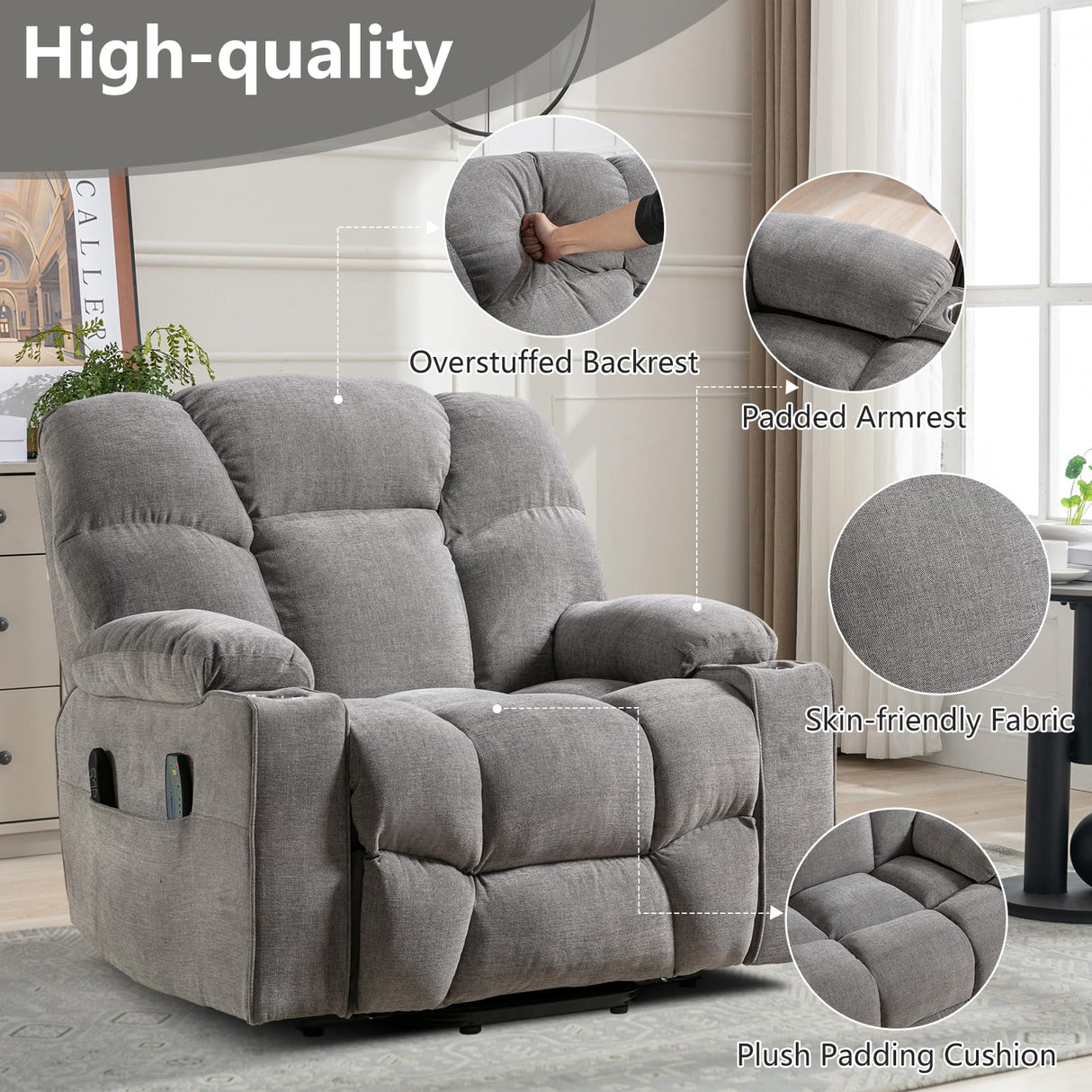 CANMOV Oversized Power Lift Recliner Chair for Elderly, Big and Tall Electric Recliner Chair with Massage and Heating, Dual Motor Heavy Duty Lift Recliner with USB Port, Cup Holders, Pockets, Grey CANMOV