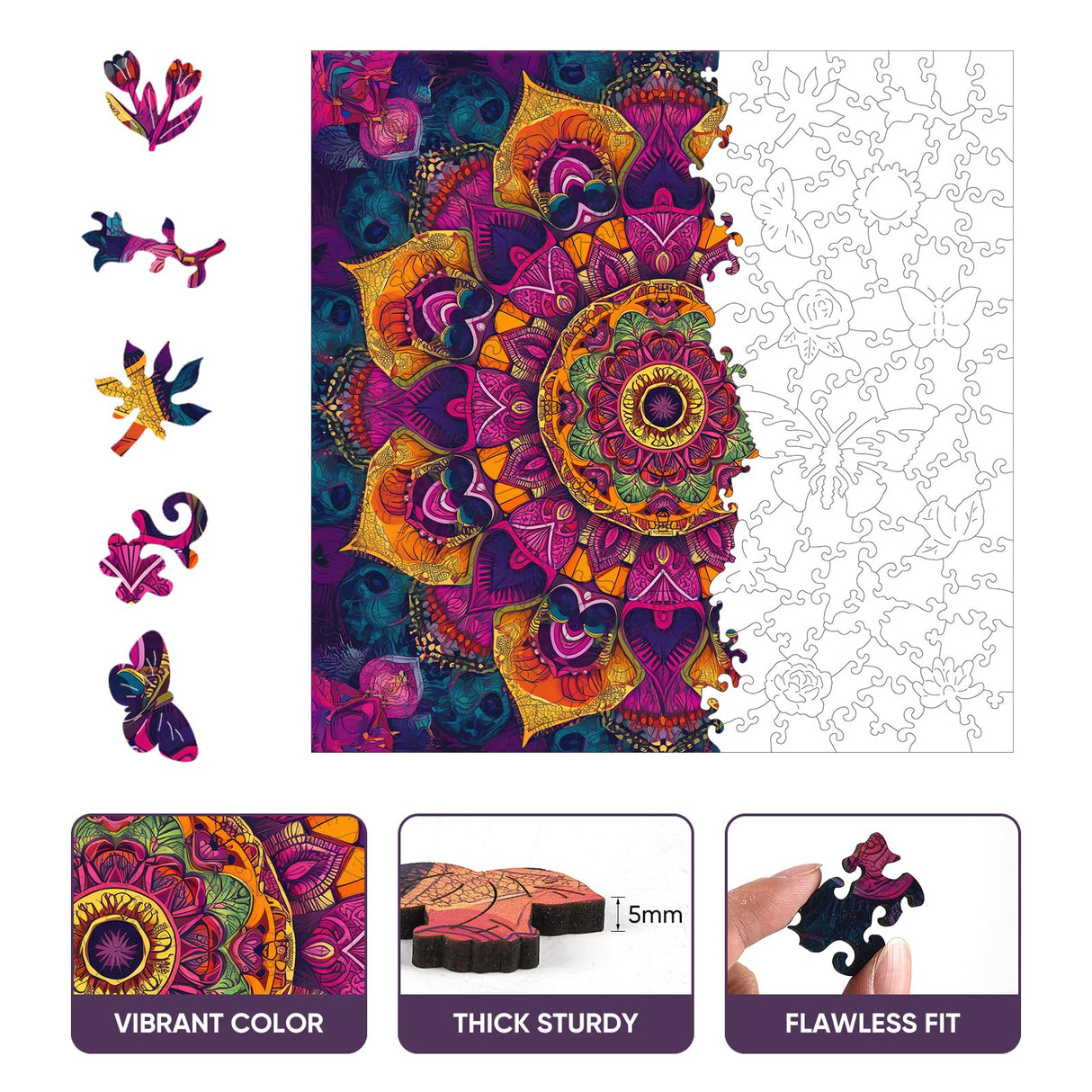 Purple Mandala Wooden Puzzles, 500 Pieces Jigsaw Puzzles 15.9'' x15.9'', Unique Design Liberty Wooden Puzzles for Adults and Kids, Family Game Gift Royal Size delobil