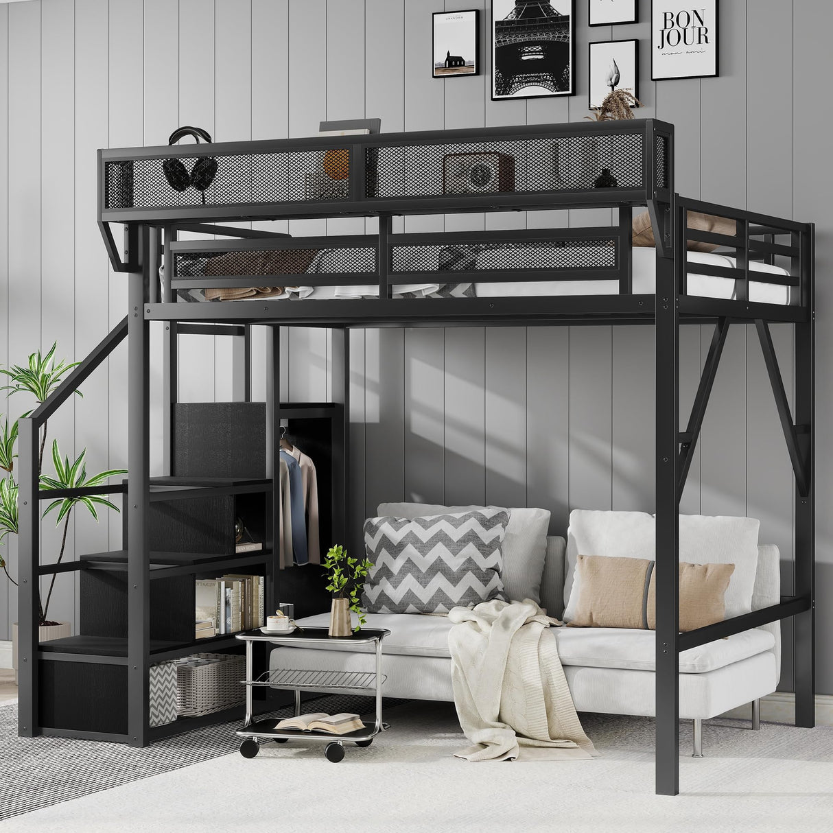 Mirightone Full Size Loft Bed with Stairs and Storage, Metal Loft Bed Frame with Bedside Shelf and Large Under-Bed Space, Heavy-Duty Loft Beds for Adults Teens and Kids, Black Mirightone