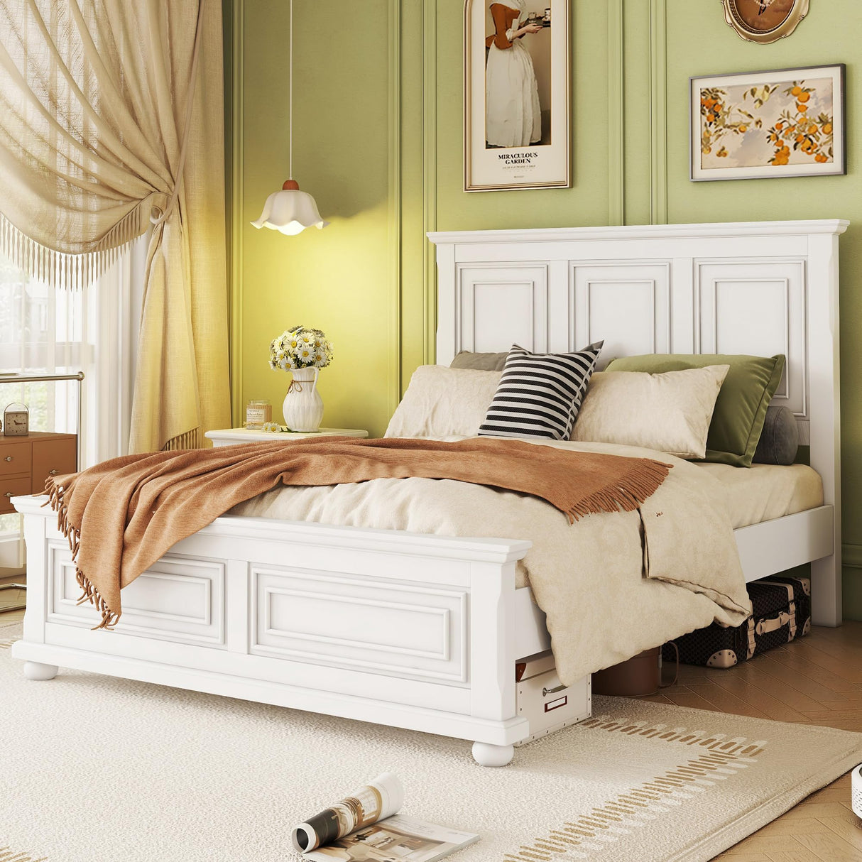 MoproBeti Farmhouse King Bed Frame with Tall Headboard and Footboard, Pinewood King Panel Bed with Under Bed Storage, Noise-Free, No Box Spring Needed, Traditional Style, White MoproBeti