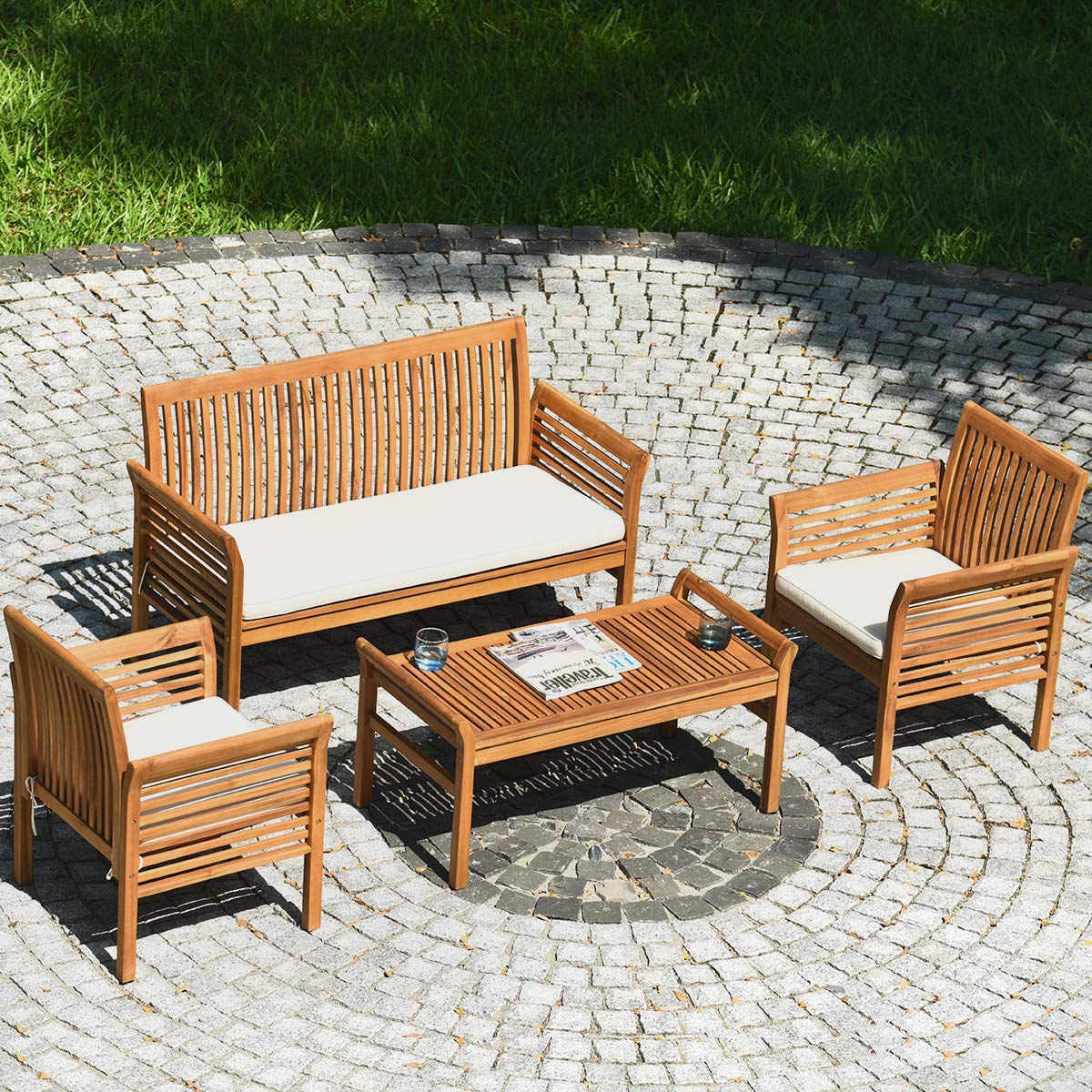 Tangkula 8 Piece Outdoor Acacia Wood Sofa Set w/Water Resistant Cushions, Padded Patio Conversation Table Chair Set w/Coffee Table for Garden, Backyard, Poolside (2) Tangkula