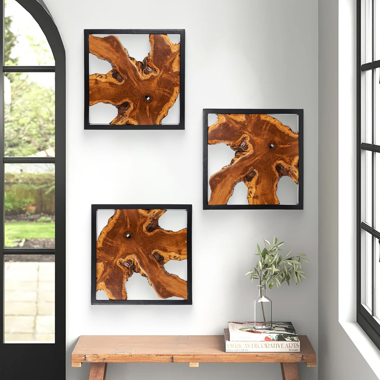 Warmaxx Rustic Teak Wood Wall Decor 17''x17 Farmhouse Live Edge Wall Art Decoration for Home Living Room Bedroom Office Handcrafted Square Wooden Flower Design Wall Décor Warmaxx