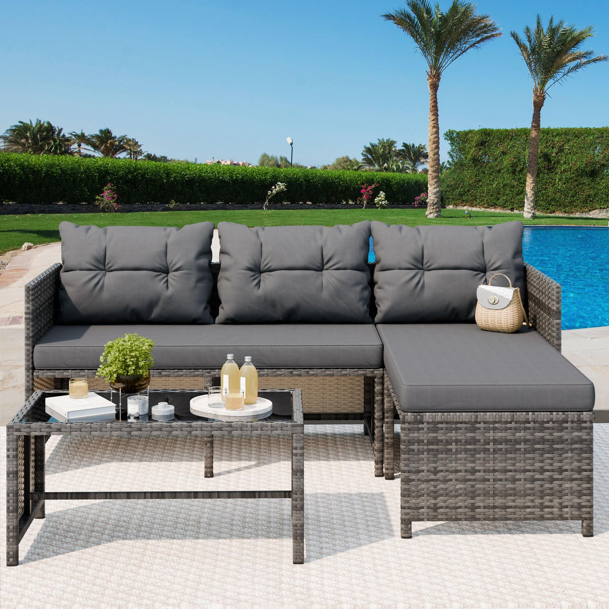 Vongrasig 3 Piece Patio Furniture Sets, All-Weather Wicker Outdoor Sofa Couch Sectional Set, Small Conversation Set for Patio, Garden w/Cushion, Glass Table, (Grey) Vongrasig