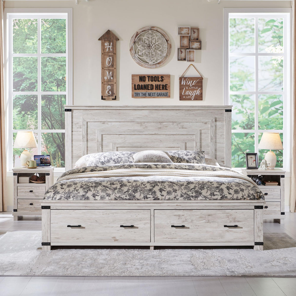T4TREAM Farmhouse King Size Bed Frame with 54" Tall Geometric Headboard & 2 Large Storage Drawers, Rustic Wood Platform Bed with Wood Slats Support, No Box Spring Needed, Antique Brushed White T4TREAM