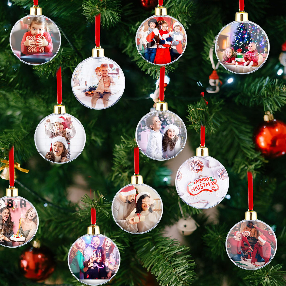 Hotop 24 Pcs Photo Ornament Ball Christmas Sublimation Blanks Photo Frame Ornaments Christmas Tree Hanging Photo Ball Decoration DIY Plastic Photo Baubles for Christmas Valentine's Day Decor Hotop