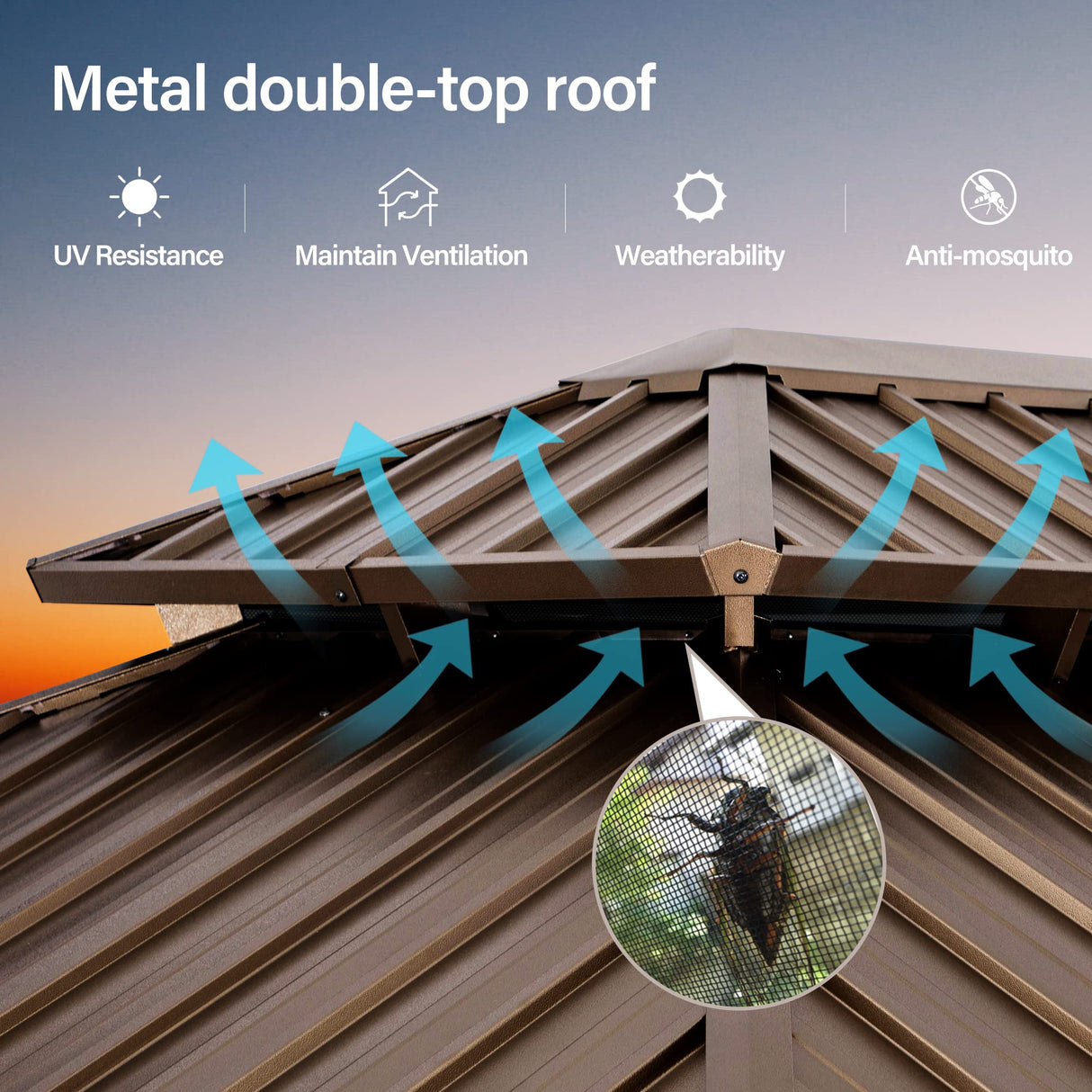 LAUSAINT HOME Outdoor Hardtop Gazebo for Patios 12x16ft, Permanent Heavy Duty Metal Double Roof Pavilion with Aluminum Frame & Enclosed Curtains and Mosquito Nettings for Lawn and Garden, Brown Metal LAUSAINT HOME