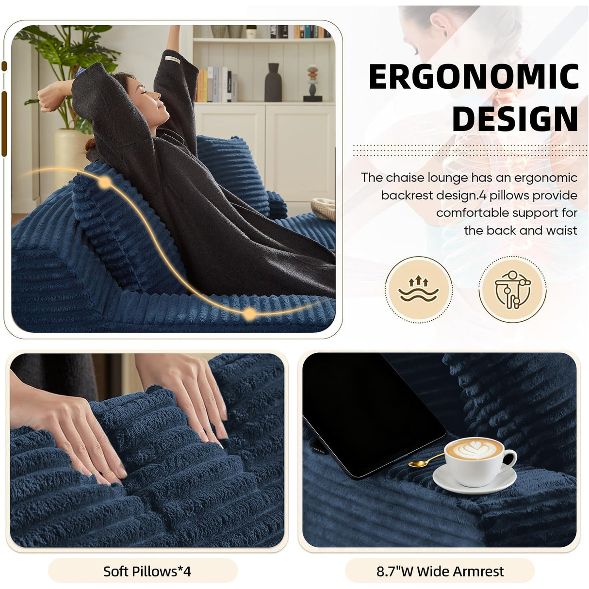 ComeWay 78" Oversized Double Lounge Chaise, Fluffy Upholstered Boneless Cloud Couch No Assembly Required with 4 Pillows, Modern Corduroy Loveseat Sleeper Sofa for Living Room Bedroom Reading, Blue ComeWay