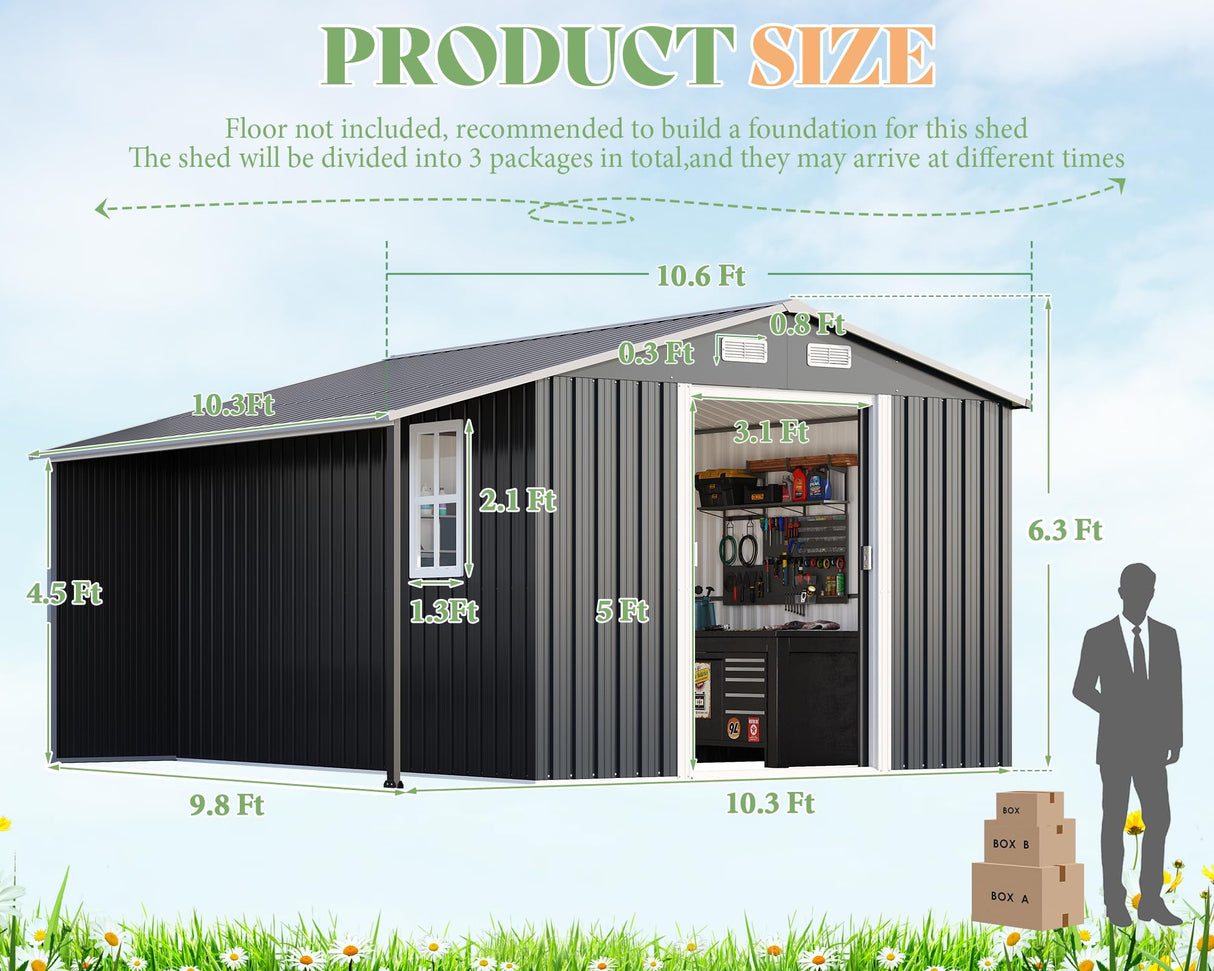 AMERLIFE 10.6x10.3x6.3 FT Metal Storage Shed with Sliding Doors Two 4-Pane Windows, Open Outdoor Shed for Wood Storage, Dark Grey/White AMERLIFE