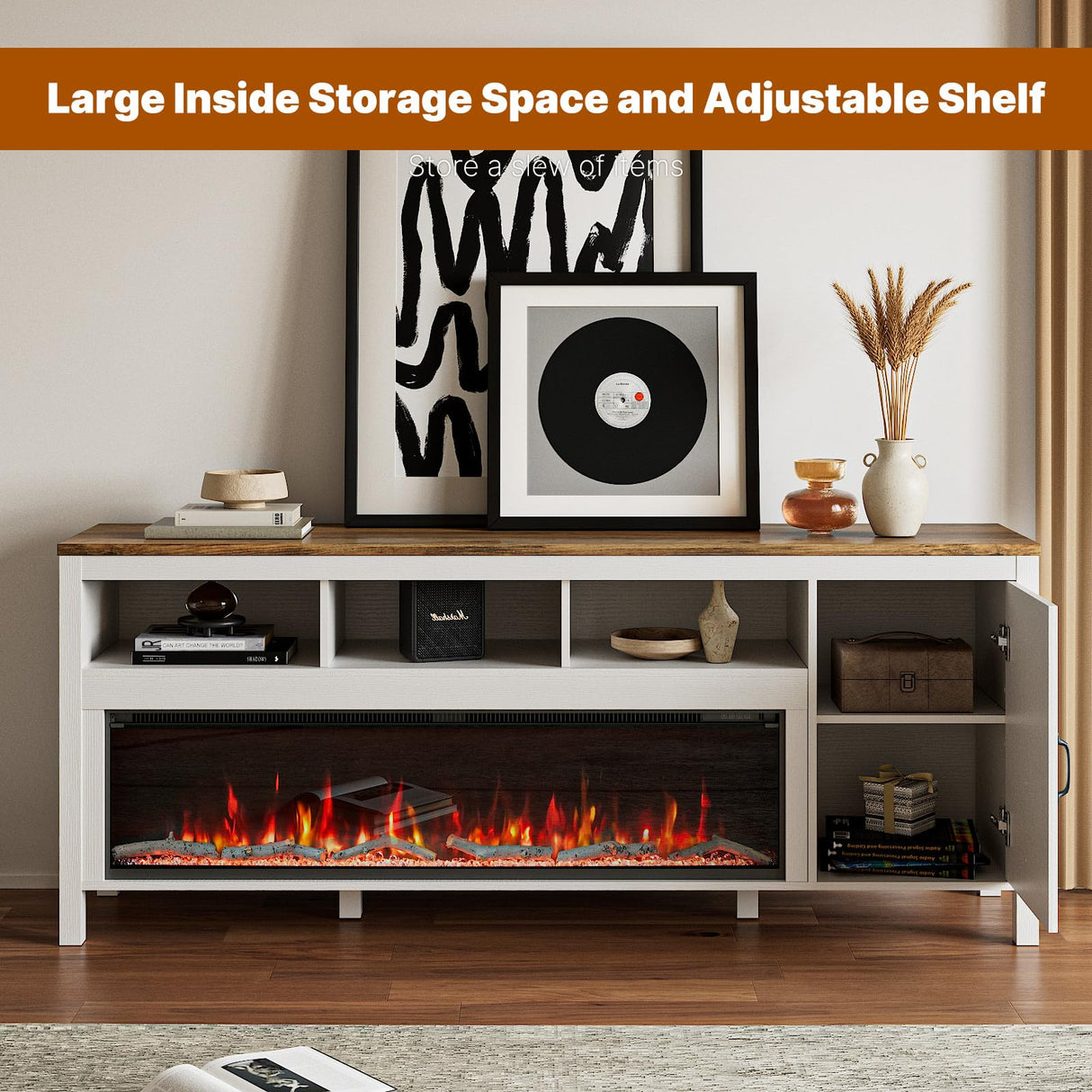 BVIUNTWO 83 Inch Fireplace TV Stand for TVs Up to 95 Inch,Farmhouse Entertainment Center with 50" Electric Fireplace,White TV Console with Storage Cabinets for Living Room BVIUNTWO