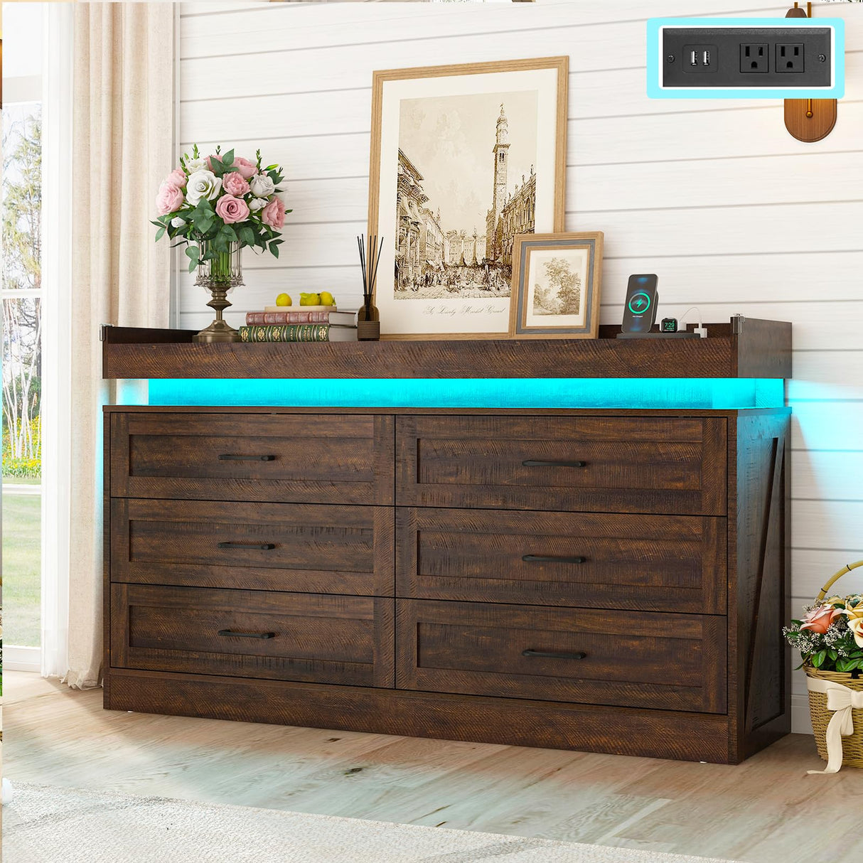 Hlivelood 59" Large Farmhouse 6 Drawers Dresser for Bedroom,Wide Wood Rustic 6 Chests of Drawers for Closet, with LED Light and Power Outlets,Tall Storage Dresser Organizer for Bedroom(Antique Brown) Hlivelood