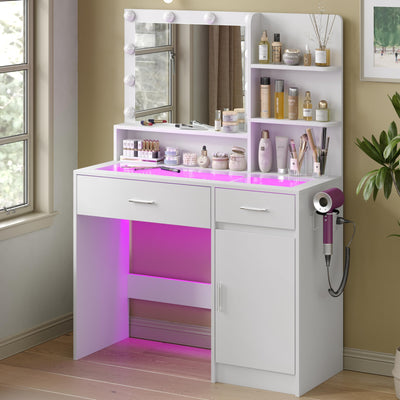 HuaYing White Vanity Desk with Mirror and Lights, Vanitys with Glass Top & Power Outlet, Dressing Table with 36 Lighting Modes Brightness Adjustable RGB Drawers, for Women Girls Bedroom