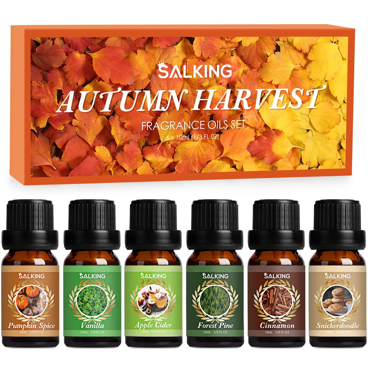 SALKING Autumn Fragrance Oils, Premium Fall Essential Oils for Diffuser, Scented Oils Gift Set for Soap Candle Making Scents - Cinnamon, Pumpkin Spice, Apple Cider, Vanilla, Forest Pine, Snickerdoodle SALKING