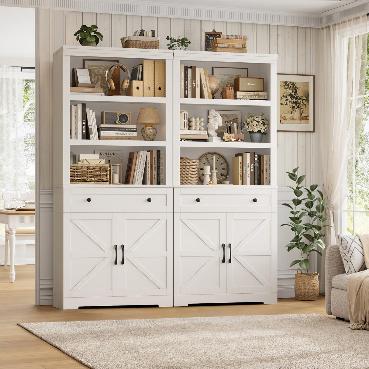 HOSTACK 72" Tall Book Shelf and Bookcase, 14" Deep Bookshelf with Drawer and Doors, Farmhouse Book Case with Storage, Wood Storage Cabinet with Display Shelves for Home Office, Living Room, White HOSTACK