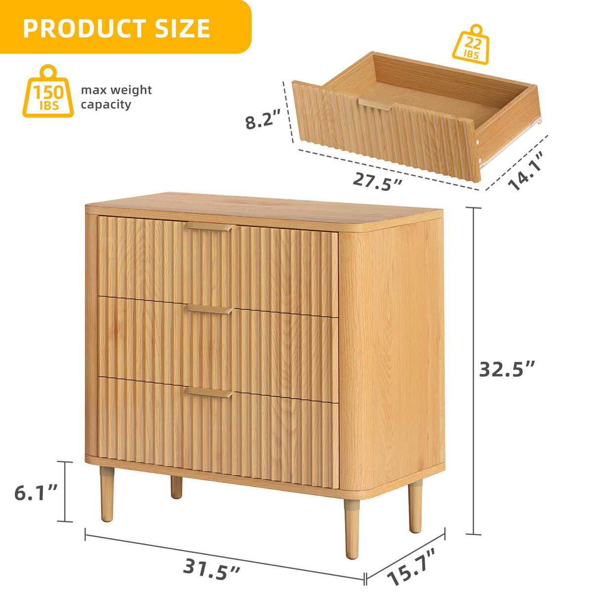 DWVO Fluted 3 Drawer Dresser, 32.5 Wider Modern Dressers Chest of Drawers with Solid Wood Legs, Wood Storage Dresser Organizer for Dorms, Flats, Living Rooms, Hallways,Natural Oak DWVO