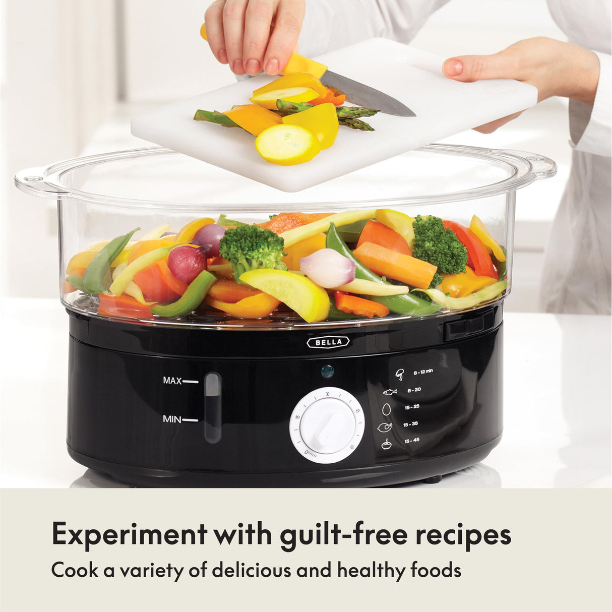 BELLA Two Tier Food Steamer with Dishwasher Safe Lids and Stackable Baskets & Removable Base for Fast Simultaneous Cooking - Auto Shutoff & Boil Dry Protection, Stainless Steel, 7.4 QT, Black BELLA