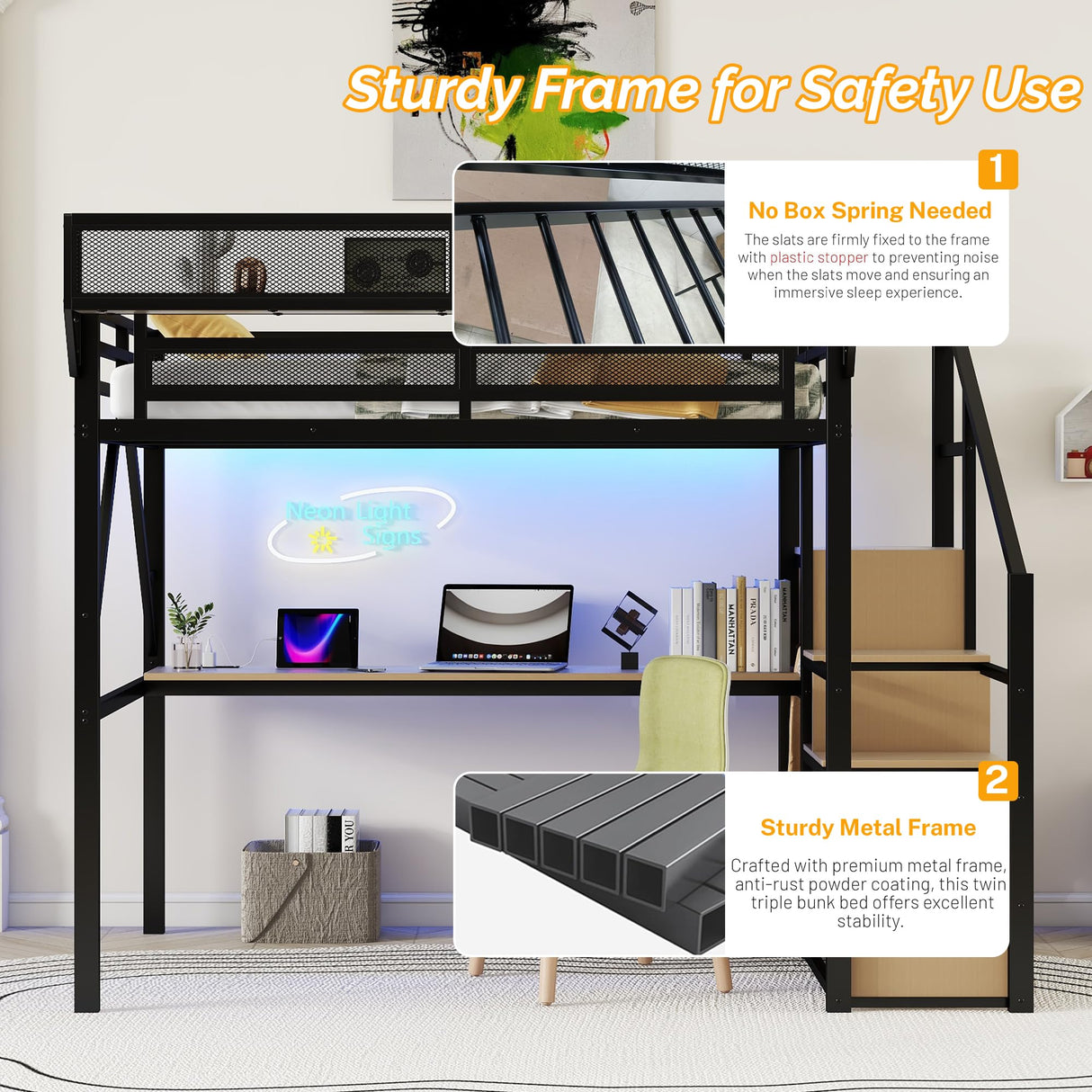 Mirightone Full Size Loft Bed with Stairs & Desk, Metal Loft Bed Frame with LED and Charging Station, High Loft Beds Gaming Lofted Full Bed with Storage Shelf for Kids and Teens (Black+Natural) Mirightone