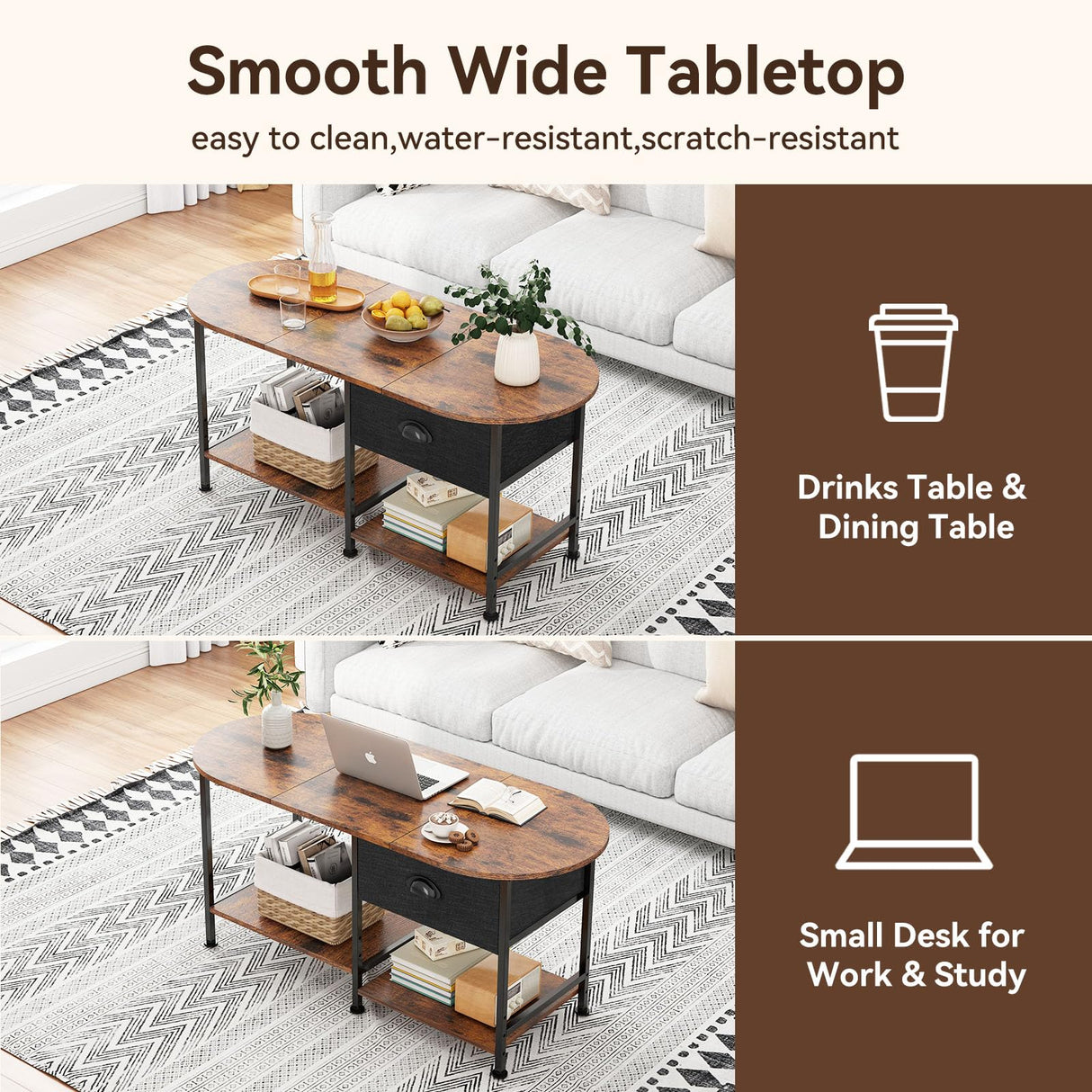 37" Oval Small Coffee Table with Storage,Modern Wood Living Room Center Table for Small Space,Apartment,Home Office,Drawer & Open Shelves,Easy Assembly,Rustic Brown Kratonix