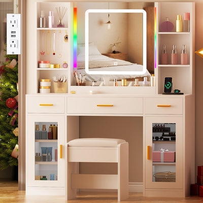 ANWBROAD Vanity Desk with Mirror and Lights 3 Colors 43.3" Makeup Vanity with RGB Lights and Power Strip Large Vanity Set with 3 Drawers 2 Cabinets White Dressing Table Stool for Women Bedroom UBDT78W