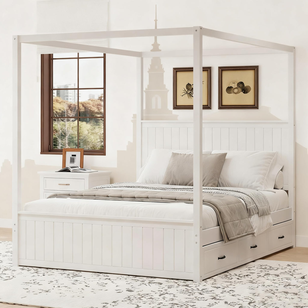 JIJIWANG Modern Queen Size Canopy Platform Bed with Trundle and Three Storage Drawers,4-Post Solid Wood Bed Frame with Headboard,No Box Spring Needed,White JIJIWANG