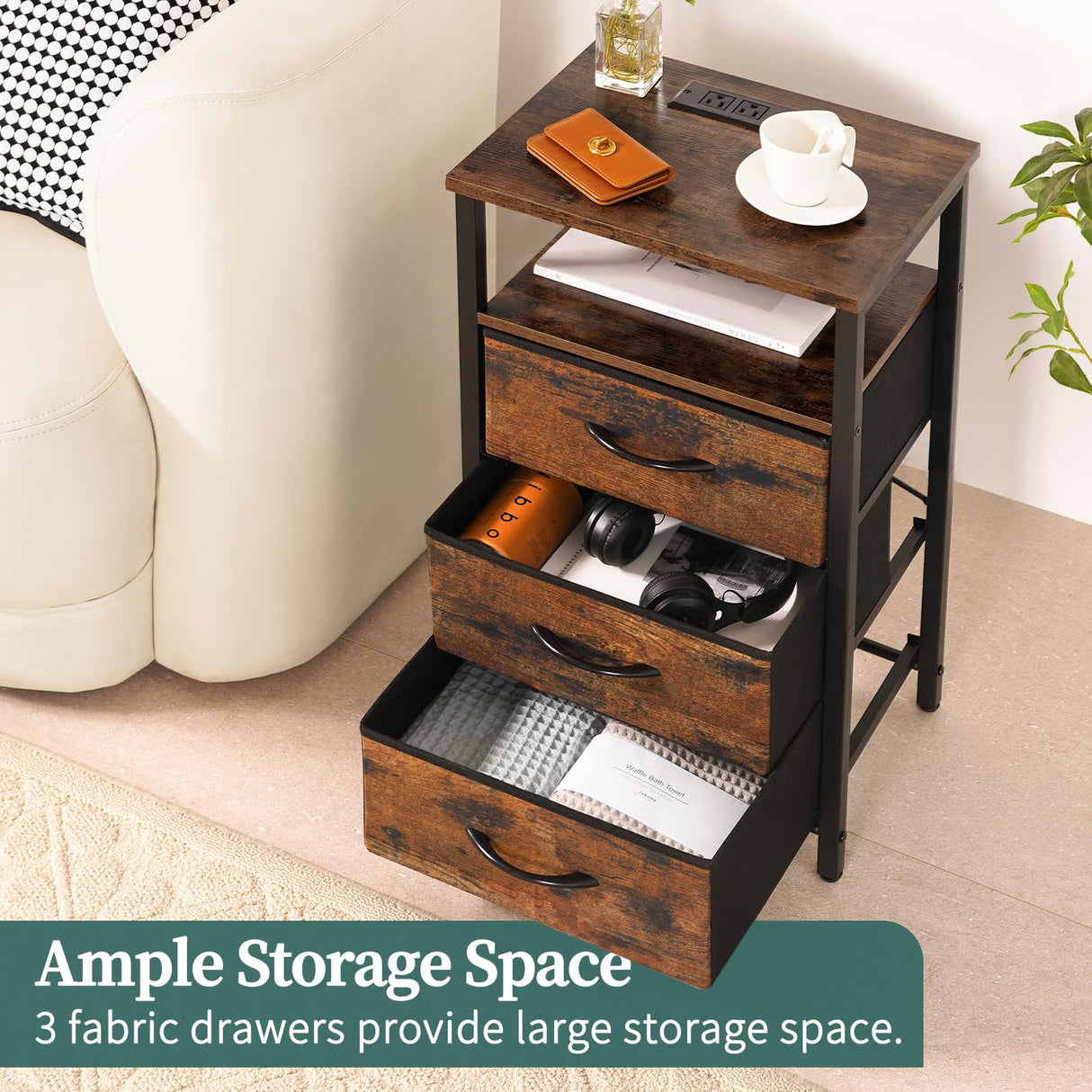 Yoobure Night Stand with Charging Station, 16 Colors LED Nightstand with USB Ports and Outlets, End Table with 3 Fabric Drawers and Storage Shelf, Bedside Tables Small Dresser for Small Space Brown Yoobure