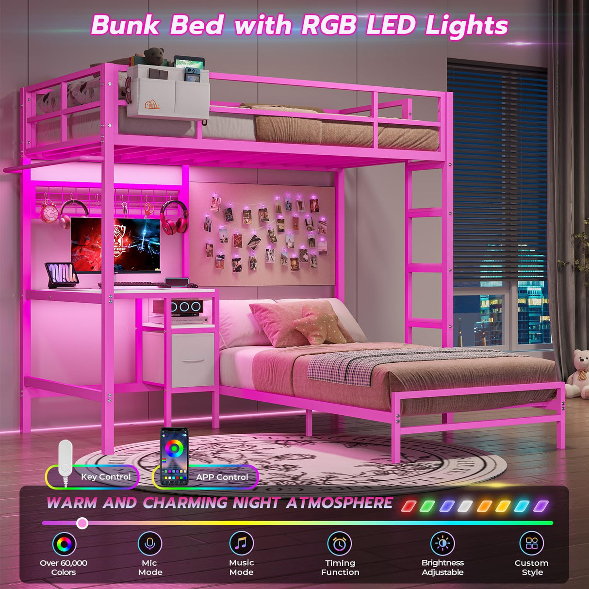 DICTAC Bunk Bed with Desk and Charging Station Metal Loft Bed Twin Size with Led Lights & Storage Shelves and Drawers L-Shaped Twin Over Twin Size Bunk Bed for Teen,Safety Guardrail and Ladder,Pink DICTAC