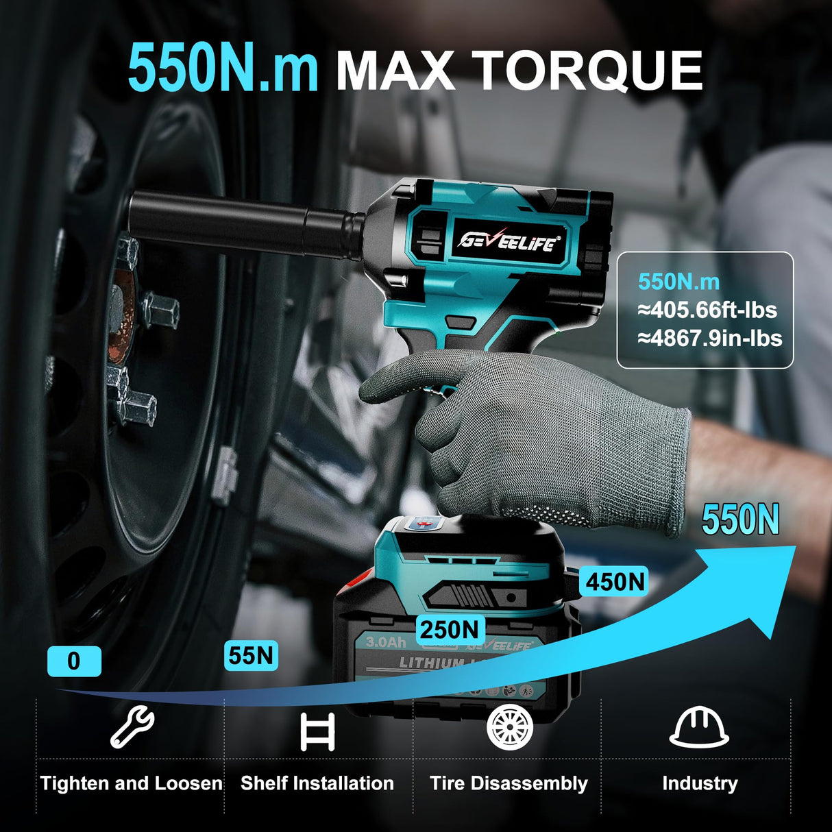 GEVEELIFE 550N.m/400Ft-lbs Brushless Impact Wrench,1/2" Cordless Impact Gun w/ 2x3.0Ah Battery & 6 Sockets, 2450RPM Power Electric Impact Driver for Car/DIY Furniture/Lawn Mower, Blue Toolbox GEVEELIFE