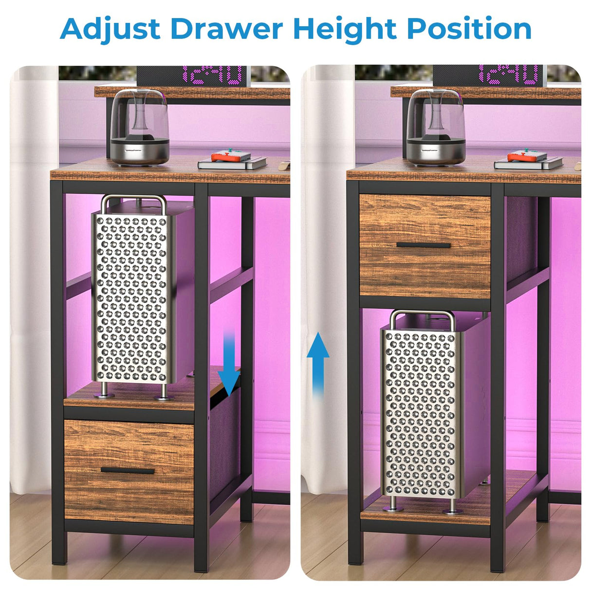 GreenForest Computer Desk with Drawers 47 inch,Gaming Desk with LED Lights & Power Outlets Small Desk with Monitor Stand and Reversible Shelf,Walnut GreenForest