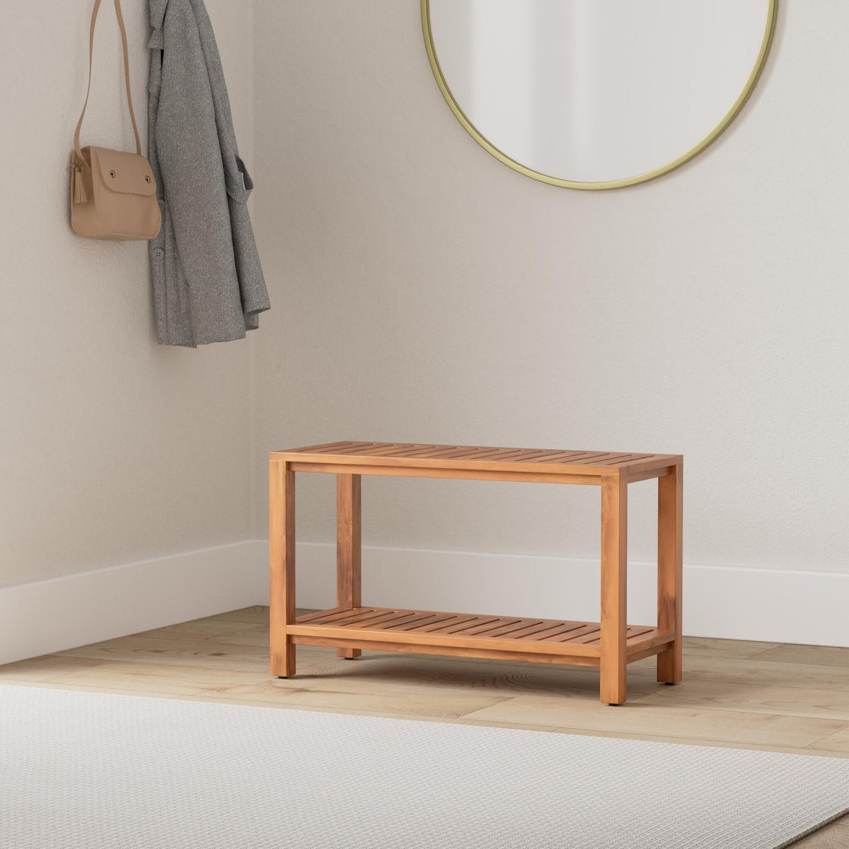 Teak Shower Bench - Fully Assembled 30 Inch Shower Bench with Shelf | Water Resistant Shower Benches for Inside Shower to Sit On | Wooden Shower Bench for Spa, Garden | Adjustable Non-Slip Feet The Teaky Hut