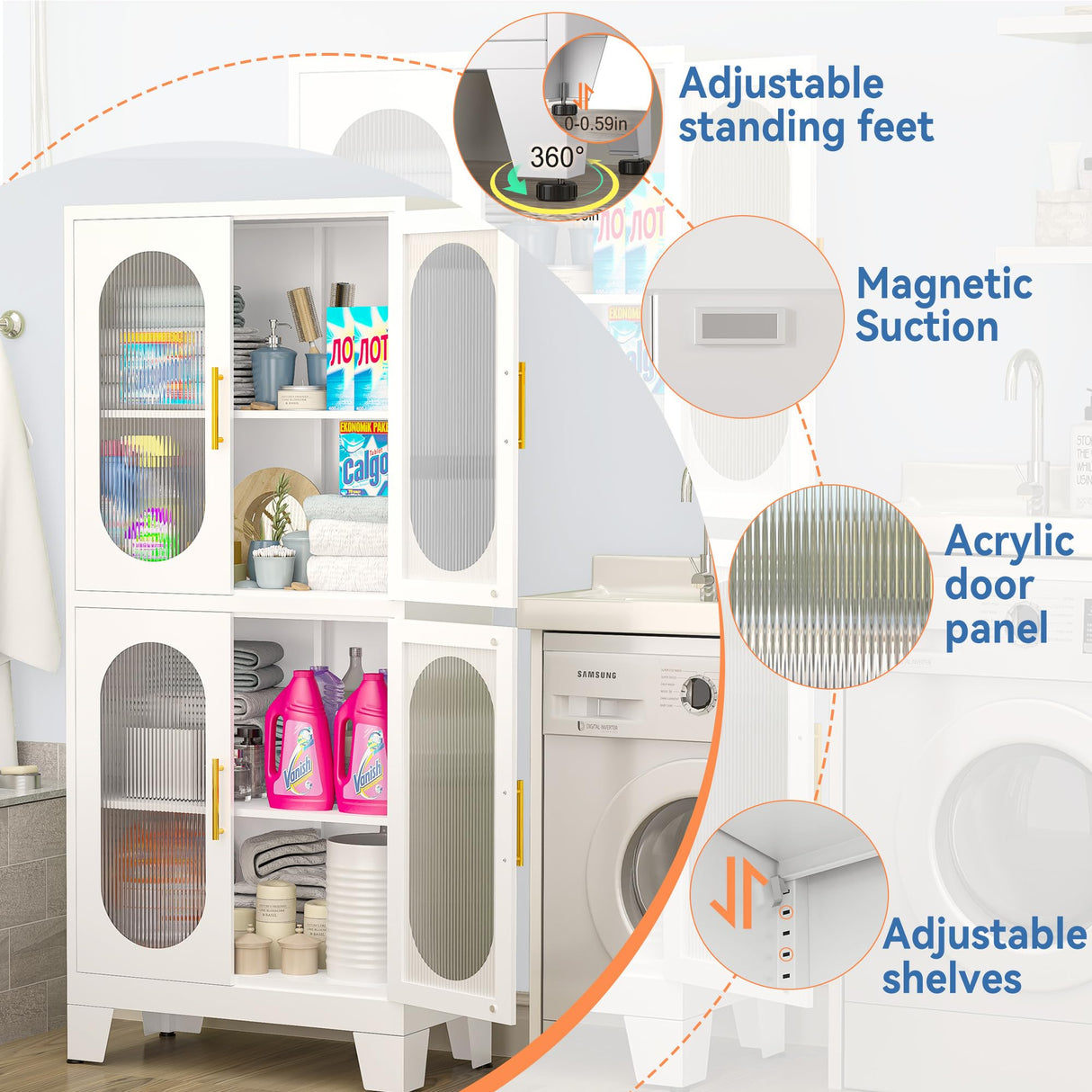 GAIOUS White Metal Storage Cabinet, Kitchen Pantry Cabinet with Acrylic Glass Doors and Adjustable Shelves, Pantry Storage Cabinet for Kitchen, Living Room, Office and Study GAIOUS