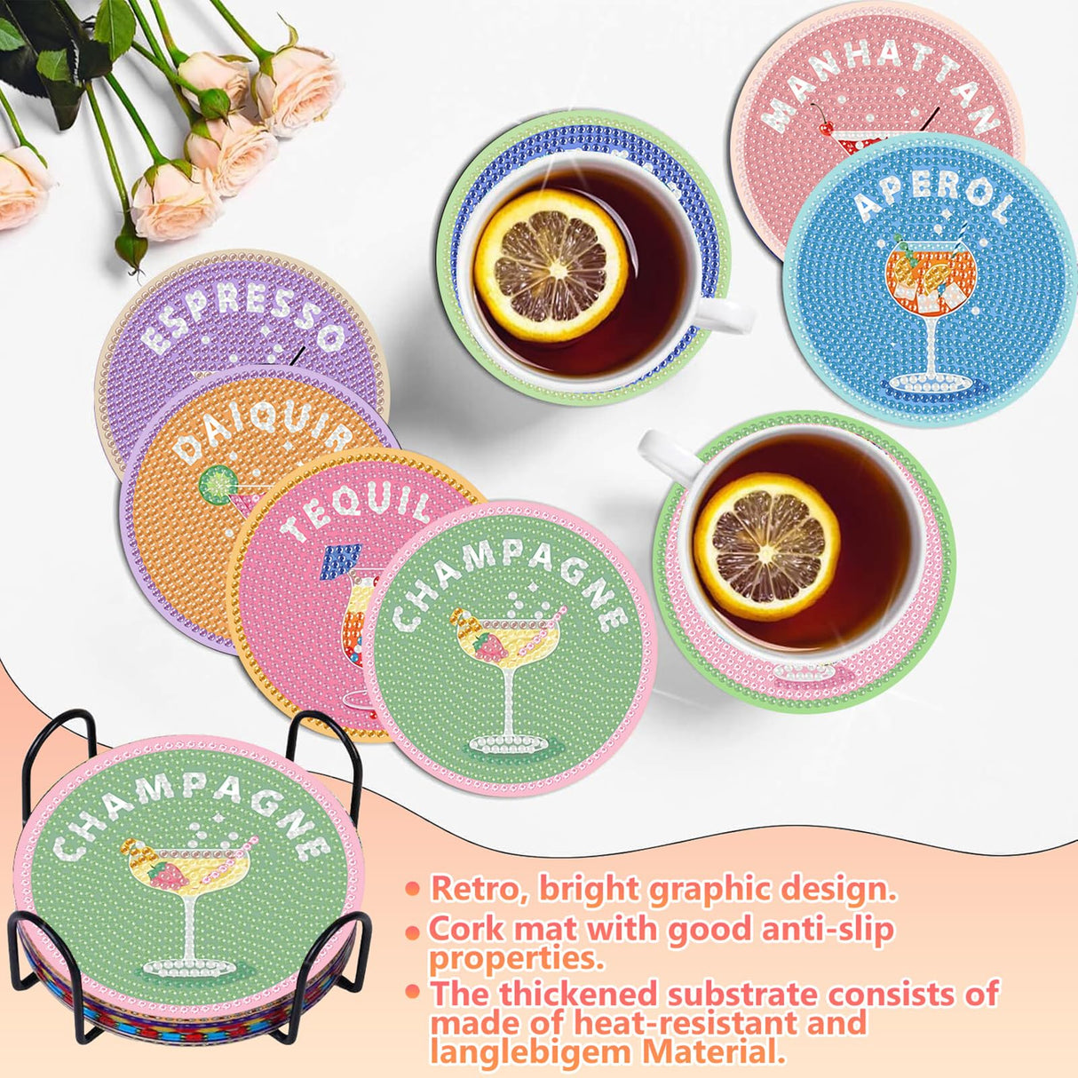 8 Pcs Cocktail Diamond Art Coasters Kit for Adults, Cocktail Diamond Painting Coasters with Holder, 5D Gem Art DIY Crafts Diamond Dots for Gift Life hkejoi