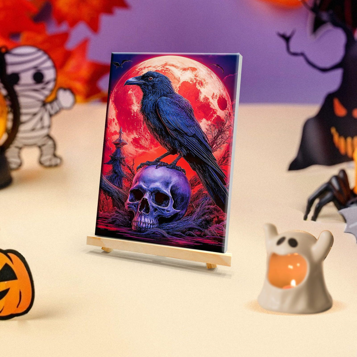 JOOZ Halloween Paint by Numbers Kit for Adults with Frame Skull Paint by Number with Easel Bird Adult Paint by Number Kits DIY Moon Digital Oil Painting Kits for Ideal Gift Home Wall Decor 8x12 Inch JOOZ