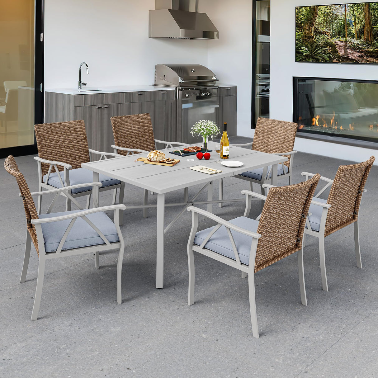 YITAHOME 59" Rectangular Outdoor Patio Dining Table for 6-Person, Outdoor Patio Dining Table with 2" Umbrella Hole and Sturdy Iron Frame Perfect for Lawn Backyard Garden, Gray YITAHOME