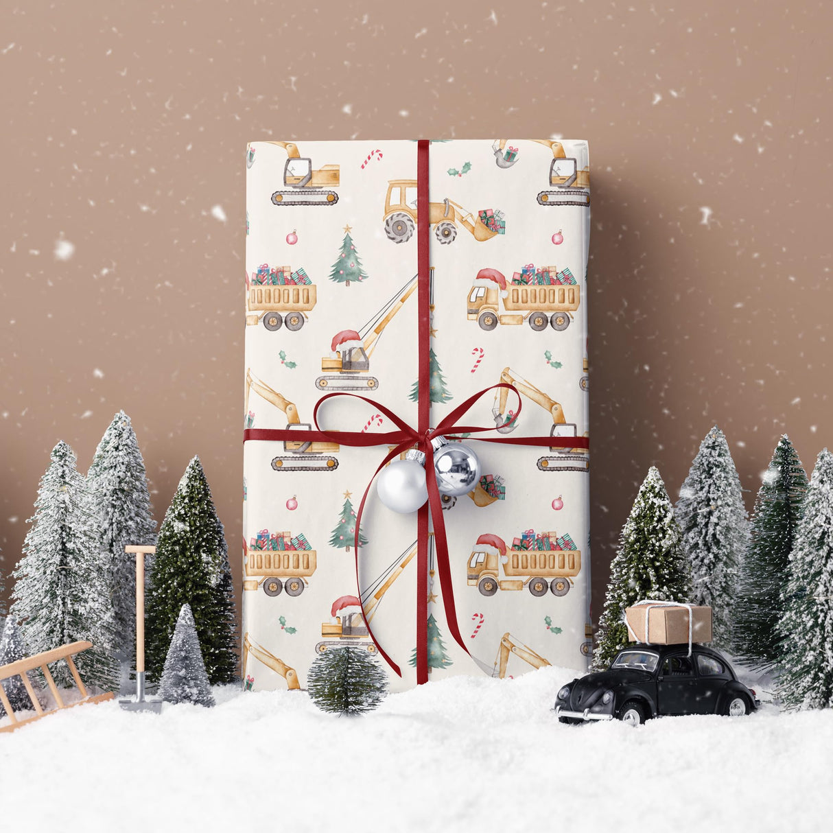 SaringSwoon Construction Christmas Wrapping Paper for Kids - Holiday Wrapping Paper with Dump Trucks, Cranes, Excavators with Santa Hats & Gifts, Christmas Tree - 40×28 Inches, 4 Folded Sheets SaringSwoon