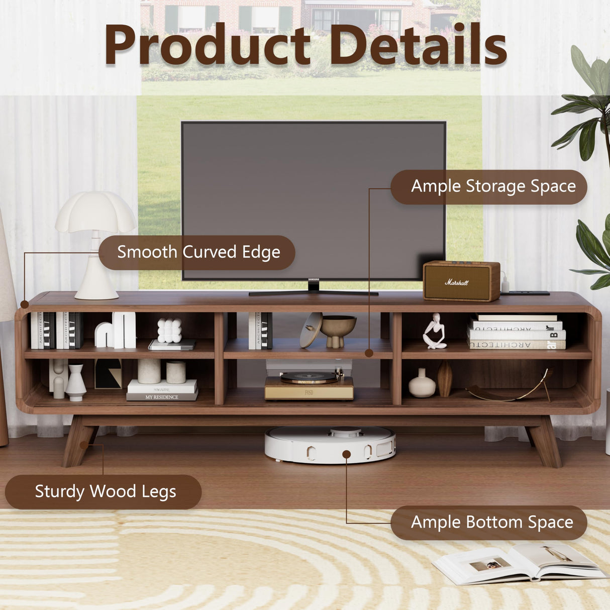 Royal Windsor Modern TV Stand for Living Room, Media Console Cabinet with Socket, Large Entertainment Center with Storage, TV Table with Slatted Sliding Doors and Open Shelves, Reddish Brown Royal Windsor