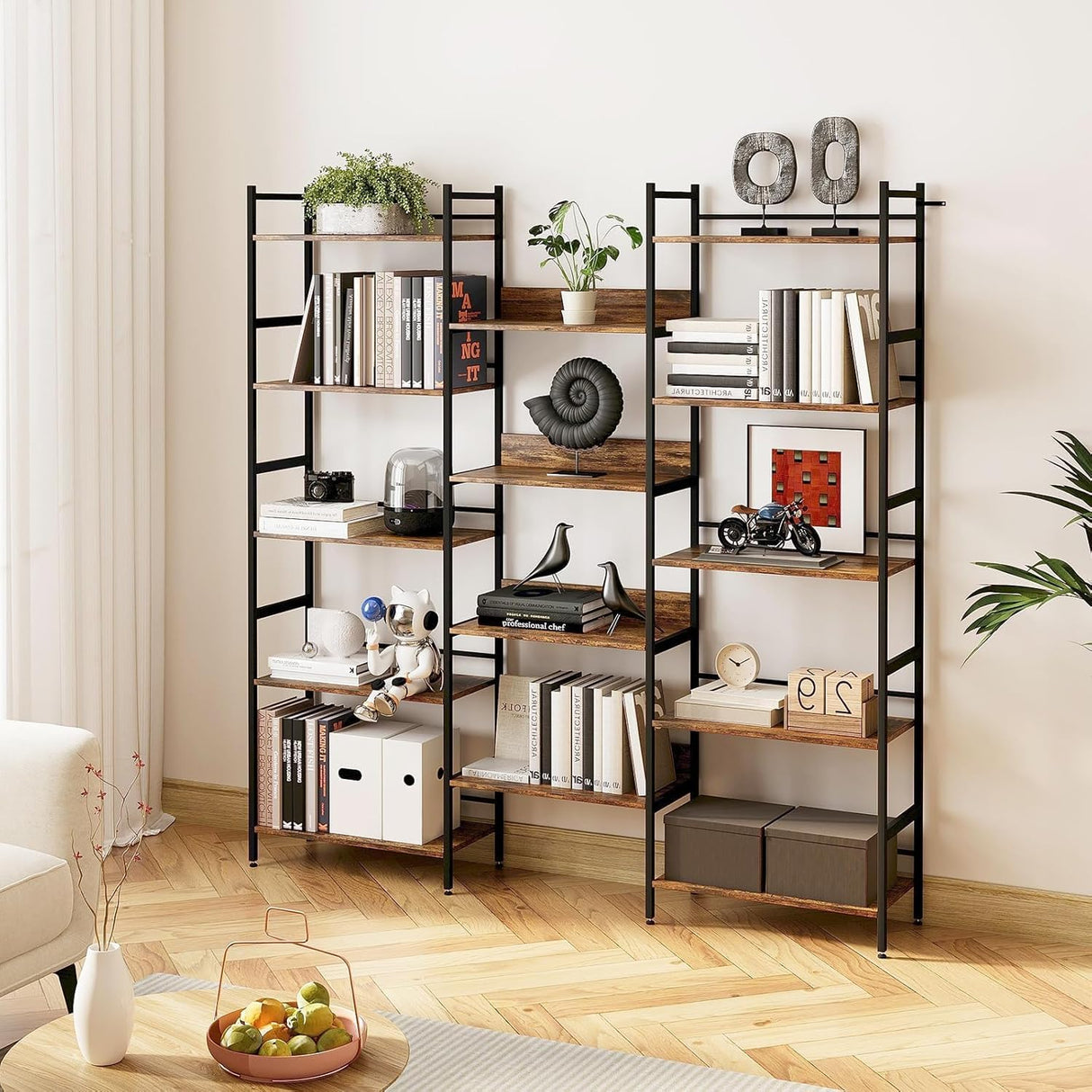Triple Wide 5 Tier Bookcases and Bookshelves,Adjustable Industrial Style BookShelf With 14 Open Display Shelves,Metal Frame Wide Book Shelf Book Case for Bedroom Living Room Home Office Study Room Amenitlif