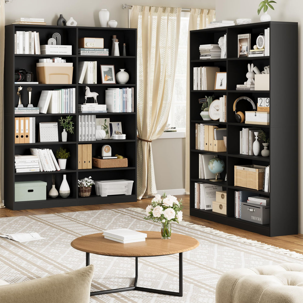 FACBOTALL Bookshelf and Bookcase, 6-Tier Double Wide Bookshelves, Freestanding Display Storage Shelves, Tall Bookcases for Home Decor Bedroom, Living Room, Home Office,Black FACBOTALL