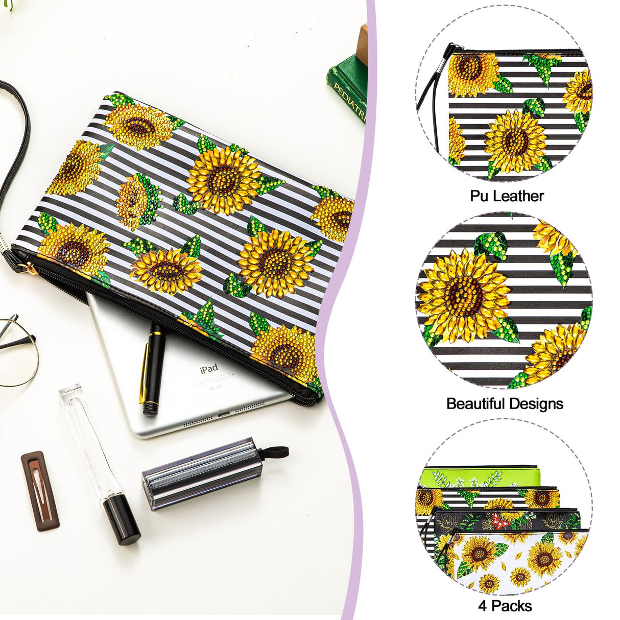 Kigley 4 Pcs Diamond Art Purse Sunflower Diamond Painting Bags and Purses Coin Purse Kits for Adults 5D DIY Summer Wristlet Handbag Makeup Bag with Zipper for Graduation Birthday Gift Kigley