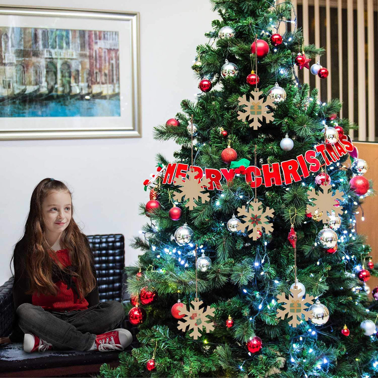 Unfinished Wooden Christmas Ornaments-Tmflexe 50-Pack Paintable Blank Xmas Tree Hanging Wood Slices for Kids DIY Art Crafts, Christmas DIY Wood Snowflake Tmflexe