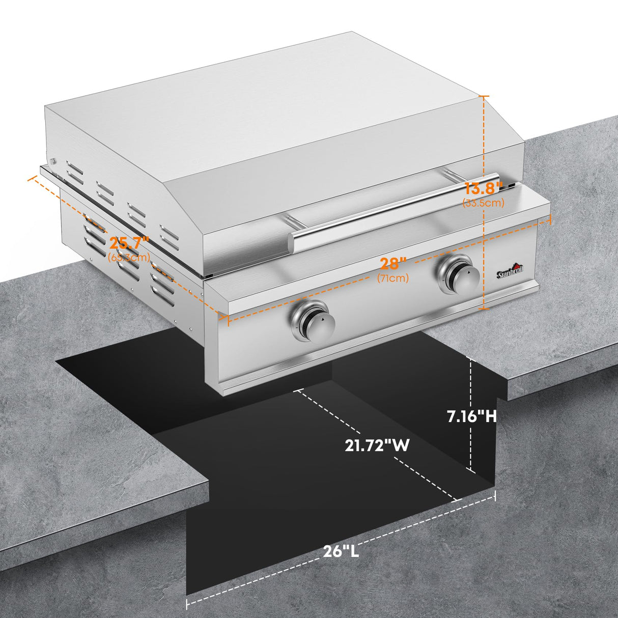 Stanbroil 28-Inch Premium Built-In Liquid Propane Griddle for Outdoor Kitchen Grill, Durable Stainless Steel 2-Burner Flat Top Grill with Lid for BBQ Island, 34,000 BTUs Stanbroil