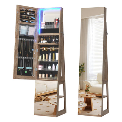 Vlsrka 360° Swivel Jewelry Cabinet with Lights, 63" H Large Capacity Jewelry Armoire with Full Length Mirror, Standing Jewelry Mirror with Storage for Jewelry, 4-in-1 design, Brown