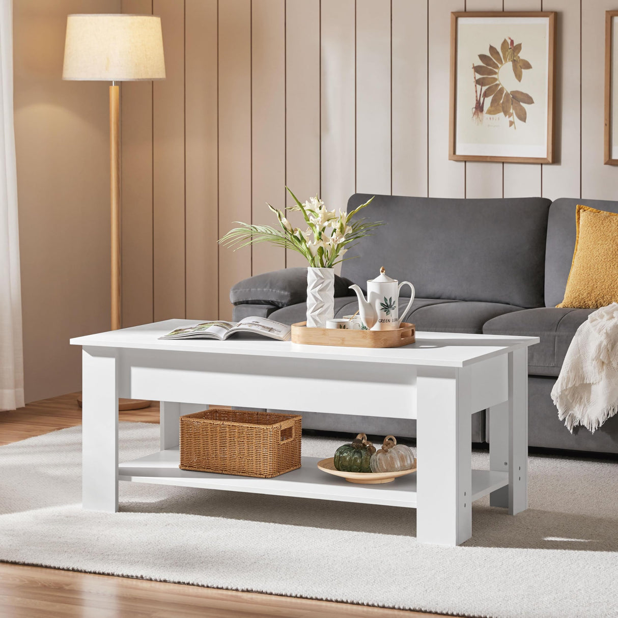 Yaheetech Lift Top Coffee Table with Hidden Compartment and Storage Shelf, Rising Tabletop Dining Table for Living Room Reception Room, 47.5in L, White Yaheetech