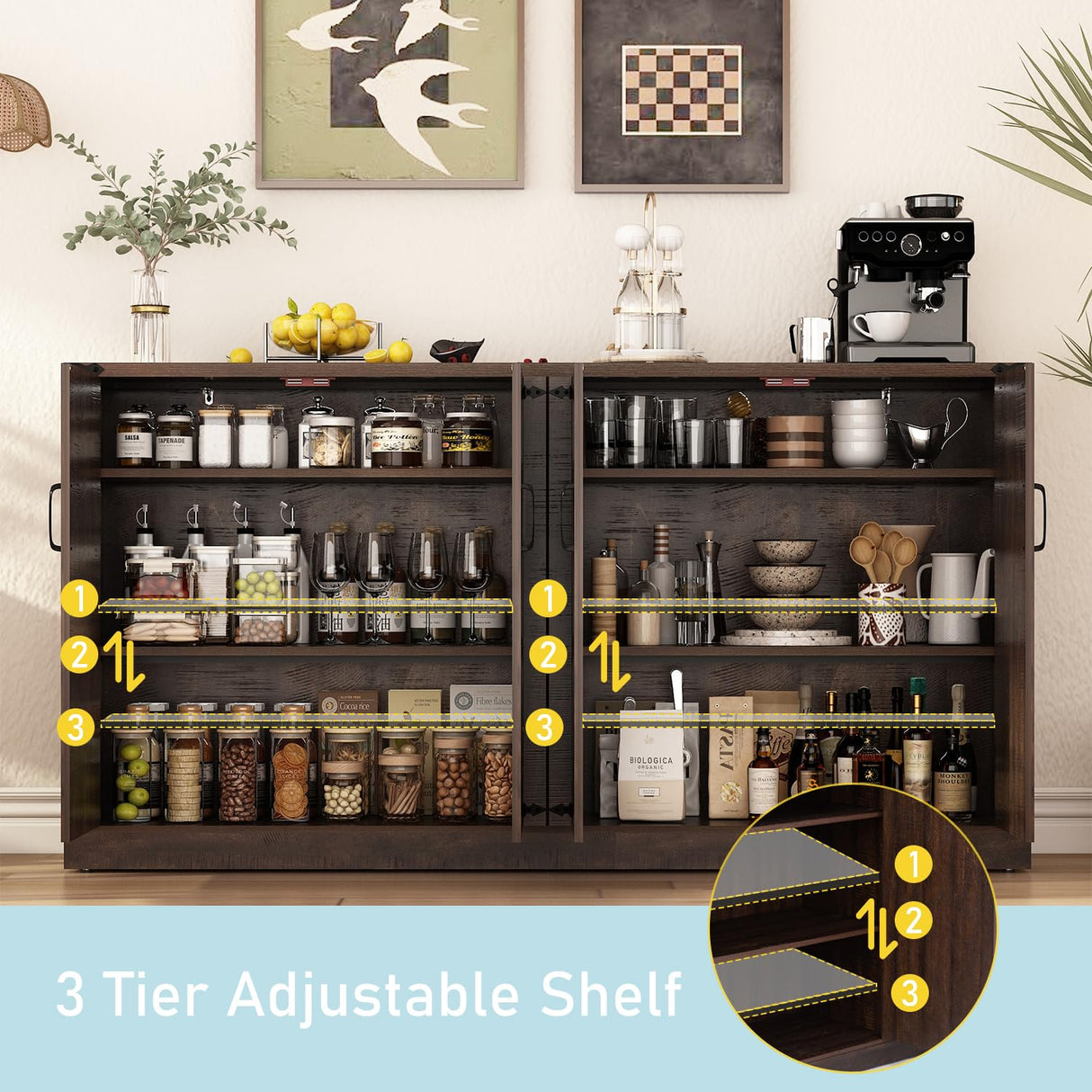 Sideboard Buffet Cabinet with Storage - 65’’ Large Farmhouse Buffet Table Coffee Bar Cabinets, Modern Accent Cabinet with Adjustable Shelf and 4 Doors, for Kitchen, Dining Room, Living Room, Brown chartustriable