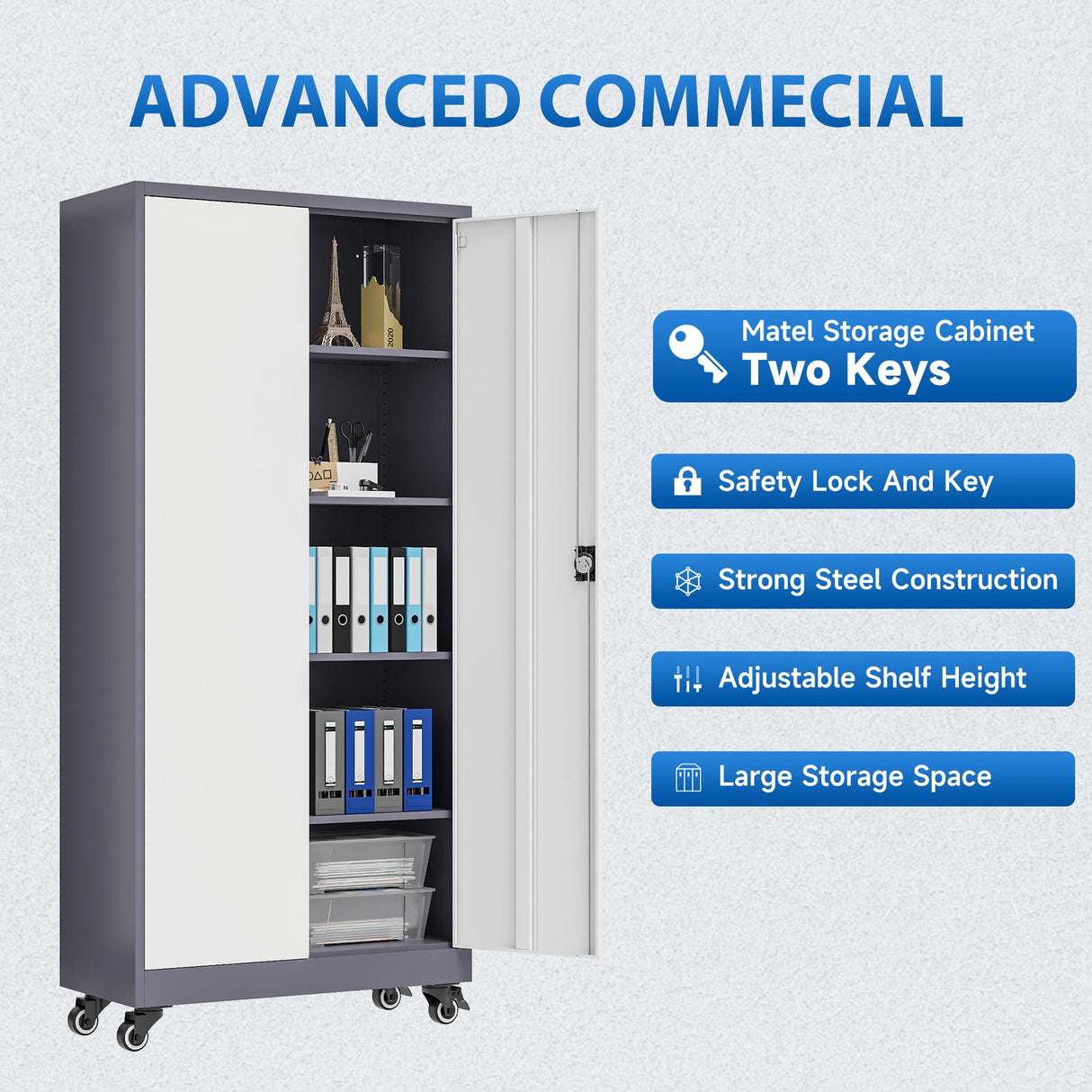 Metal Locking Storage Cabinet with Wheels, 2 Doors and 4 Adjustable Shelves, 73" Tall Rolling Garage Storage Cabinet with Lock for Home Office, Pantry, Tool Organizer (Gray White, 73"H -2 Door) heycode