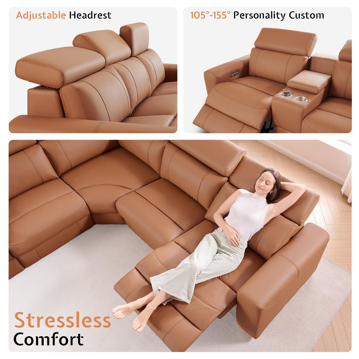 AMERLIFE Power Recliner Sofa, Electric Reclining Sofa with Console & Dual Recliner, Leather Sectional Couch for Living Room, Brown AMERLIFE