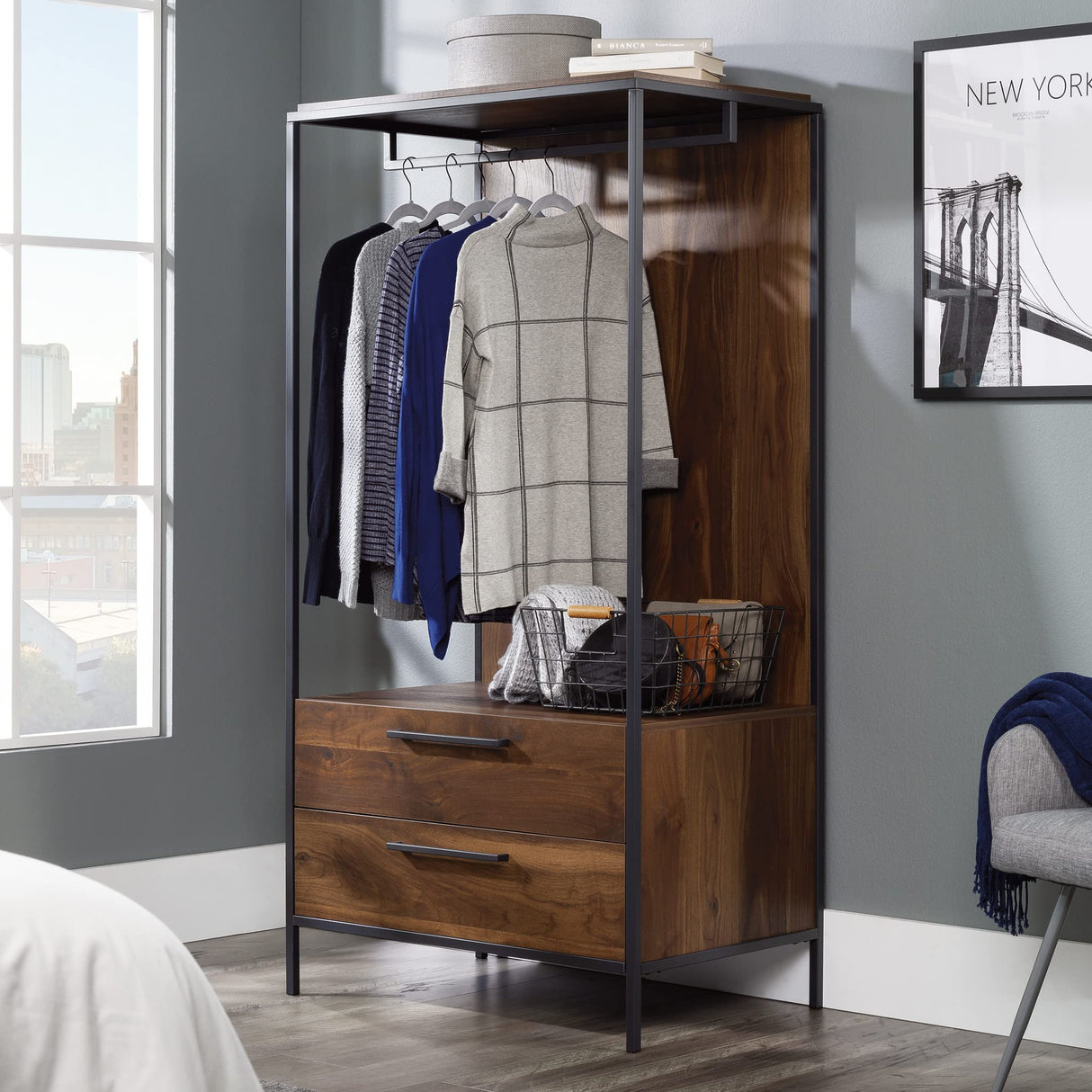 Sauder Nova Loft Open Wardrobe with Drawers, L: 32.99" x W: 21.97" x H: 65.98", Grand Walnut finish Sauder