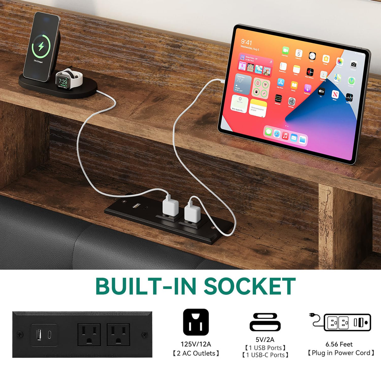 YITAHOME Queen Floating Bed Frame with LED Lights and Storage Headboard, Black Faux Leather YITAHOME