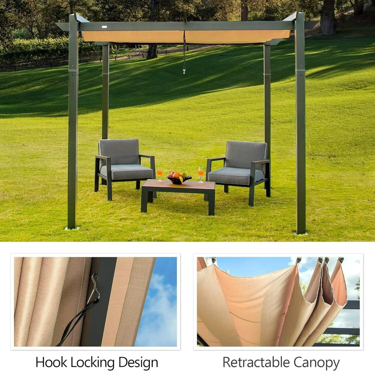 Domi Outdoor Living 10’ X 10’ Outdoor Retractable Pergola with Weather-Resistant Canopy Aluminum Garden Pergola Patio Grill Gazebo for Courtyard domi outdoor living