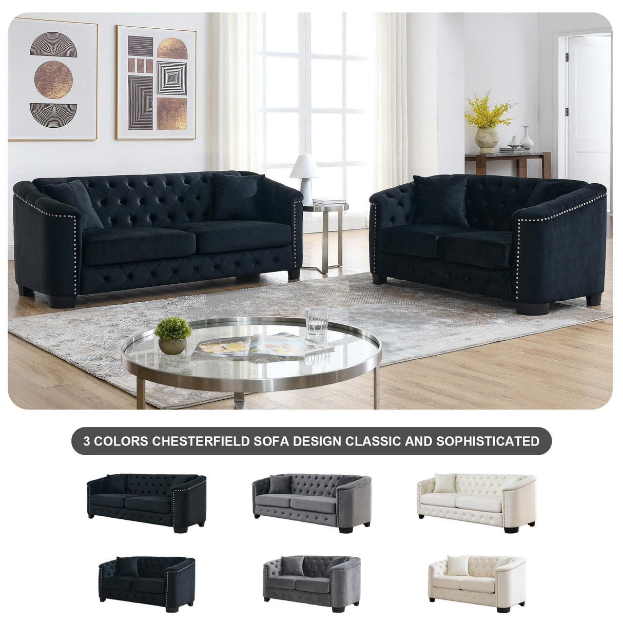Sectional Couch for Living Room, Luxury 2 Piece Chesterfield Velvet Sofa Set 77" 3-Seater + 59" Loveseat, Modern Tufted Upholstery with Nailhead Arms and 4 Cushions for Office & Coffee Bars, Black BUIORD
