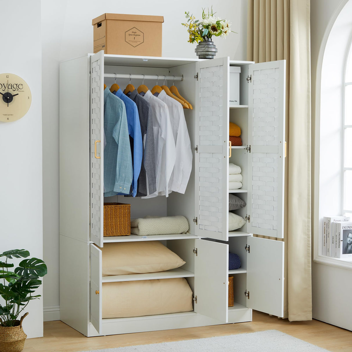 PHOYAL Armoire Wardrobe, 6 Woven Doors Storage Cabinet Wood and 8 Shelves Metal Handles for Tall Cabinet Closet Large Capacity Armoire Wardrobe Closet with Hanging Rod (White) PHOYAL