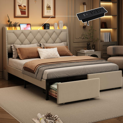 Full Size Bed Frame with Storage Headboard and 2 Drawers, Upholstered Button Tufted Bed Frames Full with Led Lights and Handy Charging Station, No Box Spring Needed, Easy Assembly, Noise Free, Beige